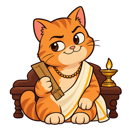 Tenali, a ginger cat in a judge's seat, holding a palm-leaf manuscript